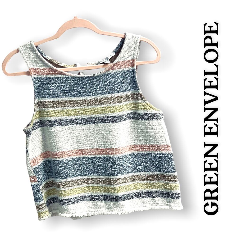 Green Envelope Cotton Textured Stripe Sleeveless Tank Top Boho Fringe Size M
